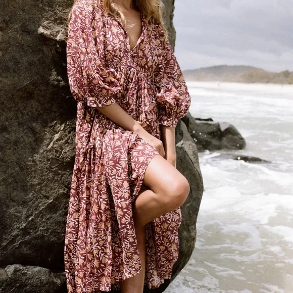 Daughters of India Floral Kyra Sumac Midi Dress - Picture 2 of 10